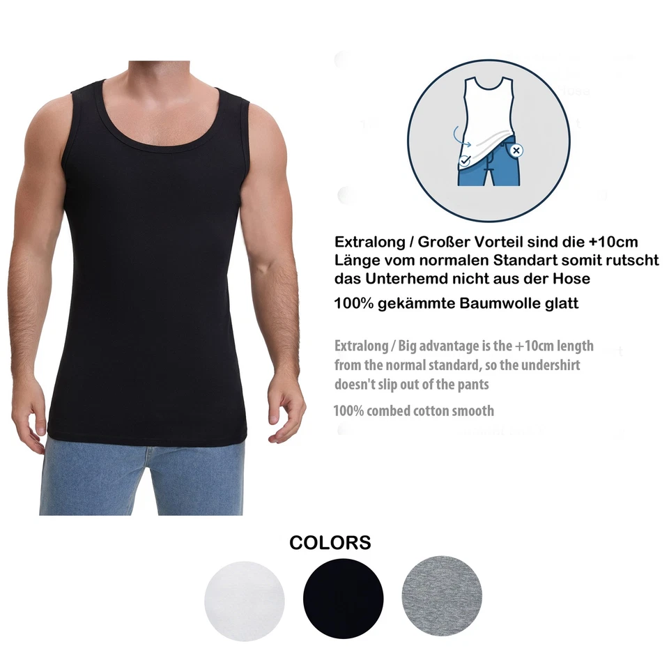 4 Herren Unterhemden +10cm extralang 100% Baumwolle Feinripp Tank Achselhemd Top - Bild 2 von 4