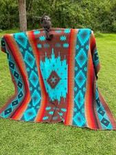 Handcrafted Alpaca Wool Blanket Turquoise Nav...