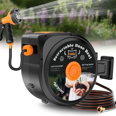 Retractable Garden Hose Reel, 1/2 in x 50 ft Wall Mounted 50 FT, Black