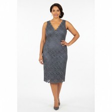 Adrianna Papell Lace Dress Womens 14 Gray V-Neck Sheath Knee Length Event Modest