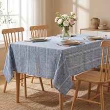 Blue Cotton Blend Tablecloth 60 84 Inch Rectangular, Farmhouse Style, Resista...