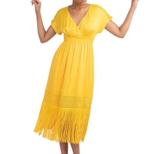 TRINA TURK Yellow Fringe Hem Midi Surplice Dress Crochet Bright Colorful Size 10 - Picture 16 of 18