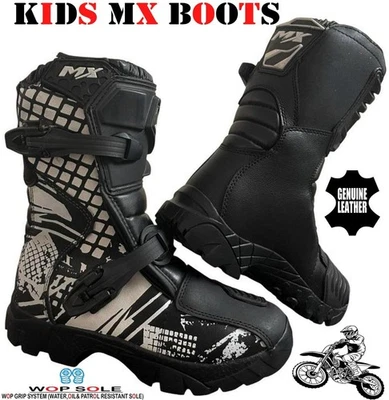 BIKING ZONE Kids Black & White Leather Off - Road Motorbike/Motocross MX Shoes Sports Boots
