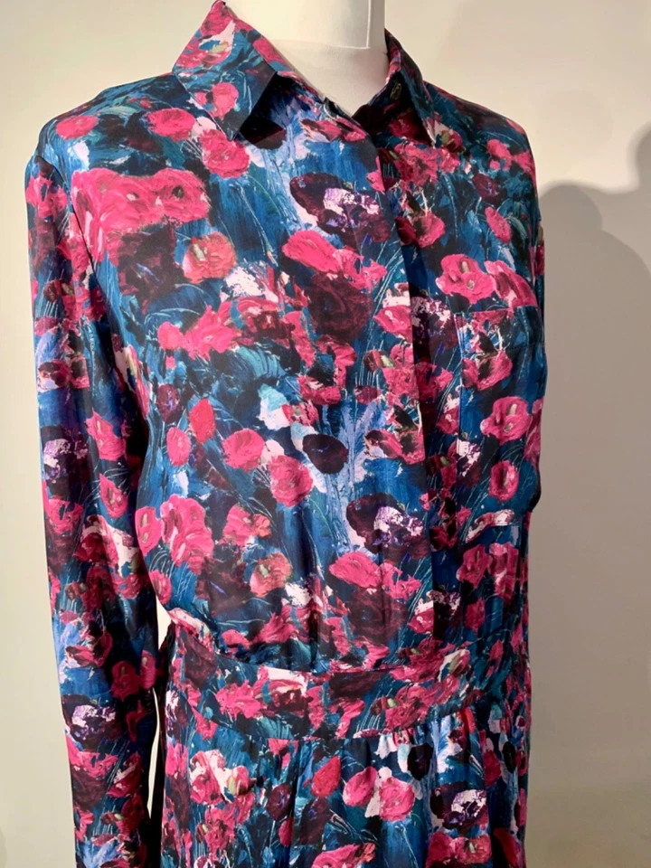 Vestido Camisa Henley de Seda Estampado Floral Alto Hippie Mediano Reino Unido 10-12 EE. UU. 6-8 Foto 2 de 4