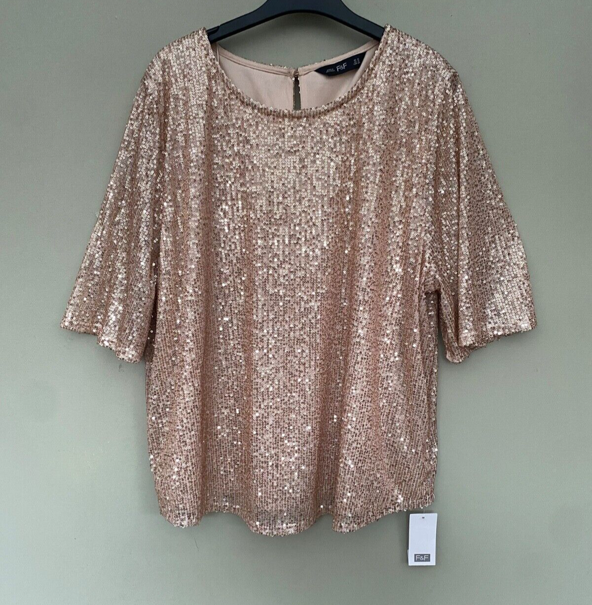 F F TESCO gold sequin glittery top Blouse Short sleeve party