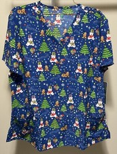 GT Performance Blue Holiday All Over Print V-Neck Scrub Top Size M - NWT