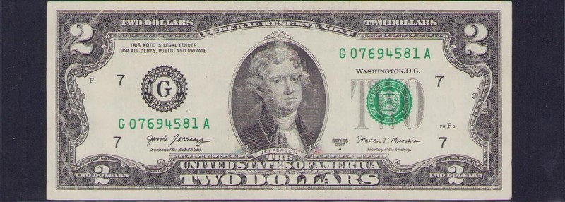 Fancy US Federal Reserve $2 Dollar Bill Serial Number G 07694581 A Cool 2017