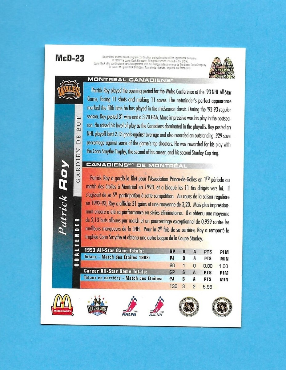 93-94 Upper Deck MCDONALDS ALL STAR Card # MCD-23 PATRICK ROY