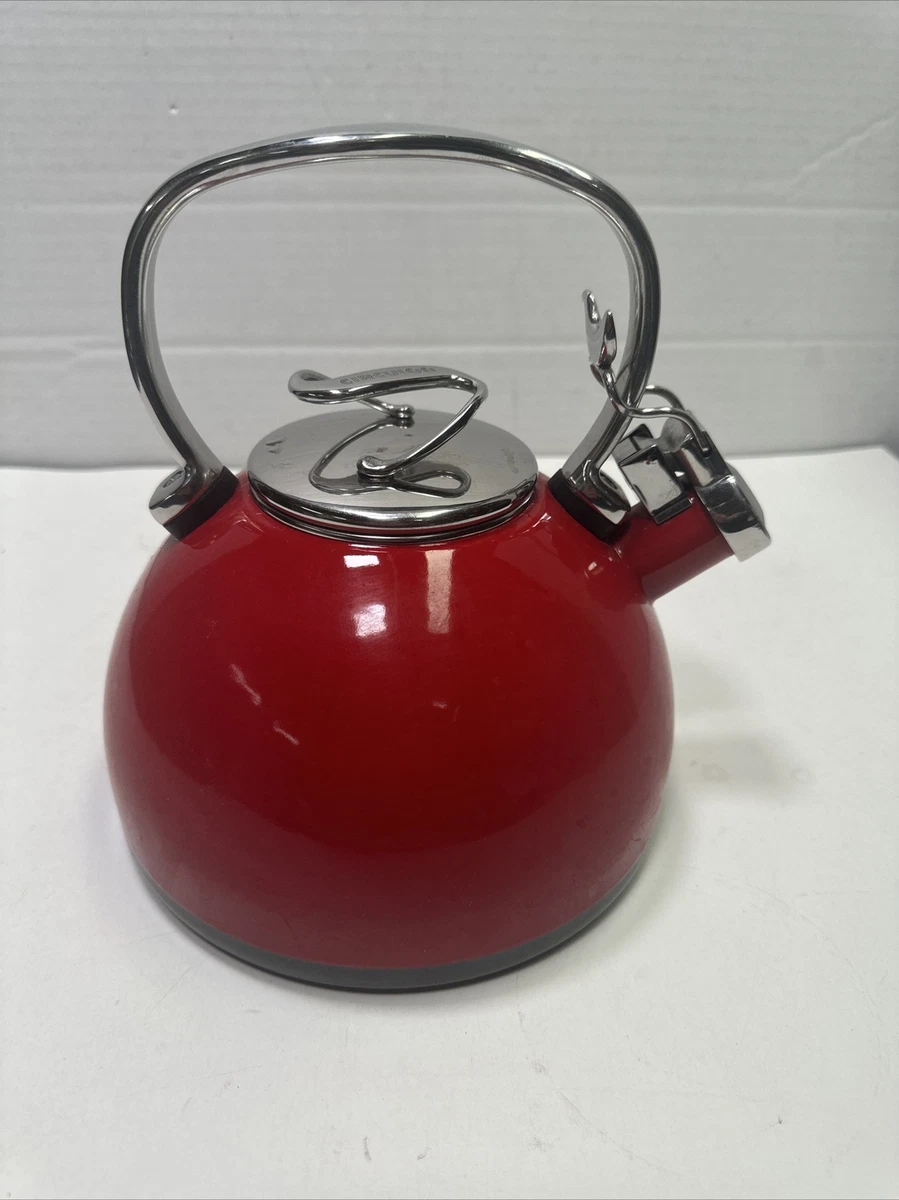 CIRCULON 2 QT Bright Red Whistling Tea Kettle Pot Enamel Steel Silver Bird Spout