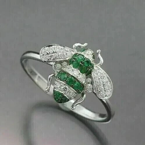 2Ct Round Cut Simulated Emerald Women's Honey Bee Ring 14k White Gold Plated