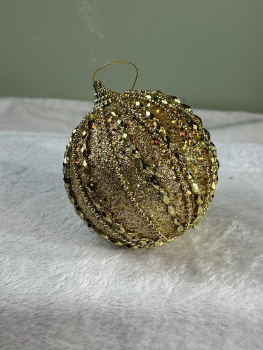 Gold Golden Beaded Ball Ornament MCM Handcrafted Approx 4" - Picture 2 of 5