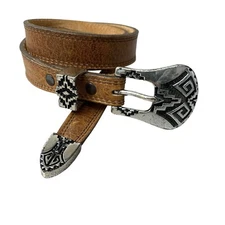 Nocona Belt Co Tan Leather Belt 30 Silver Aztec Buckle Western Cowgirl Cowboy