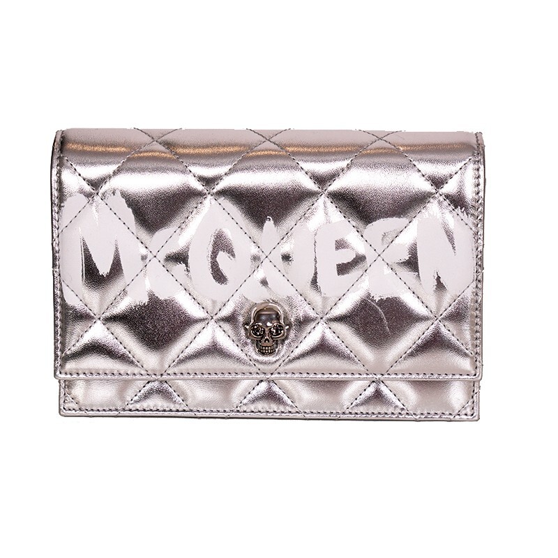 NEW $1290 ALEXANDER MCQUEEN Silver GRAFFITI Quilted Leather NEW $1290 ALEXANDER MCQUEEN Silver GRAFFITI Quilted Leather