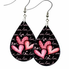 Love  Pink Hearts Valentine's Day Earrings Teardrop NO TARNISH Wood Dangle
