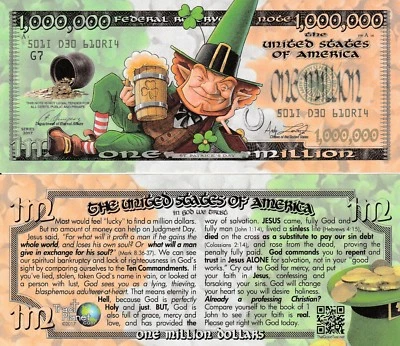 St Patrick Lucky Bucks Million Dollar Bill Gospel Tract Funny Money +FREE SLEEVE