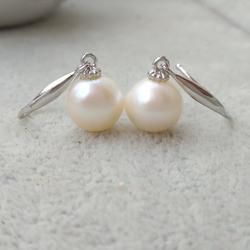 8-9mm South Sea Round White Pearl Dangle Earring 14k White Gold P Hook - Picture 2 of 8
