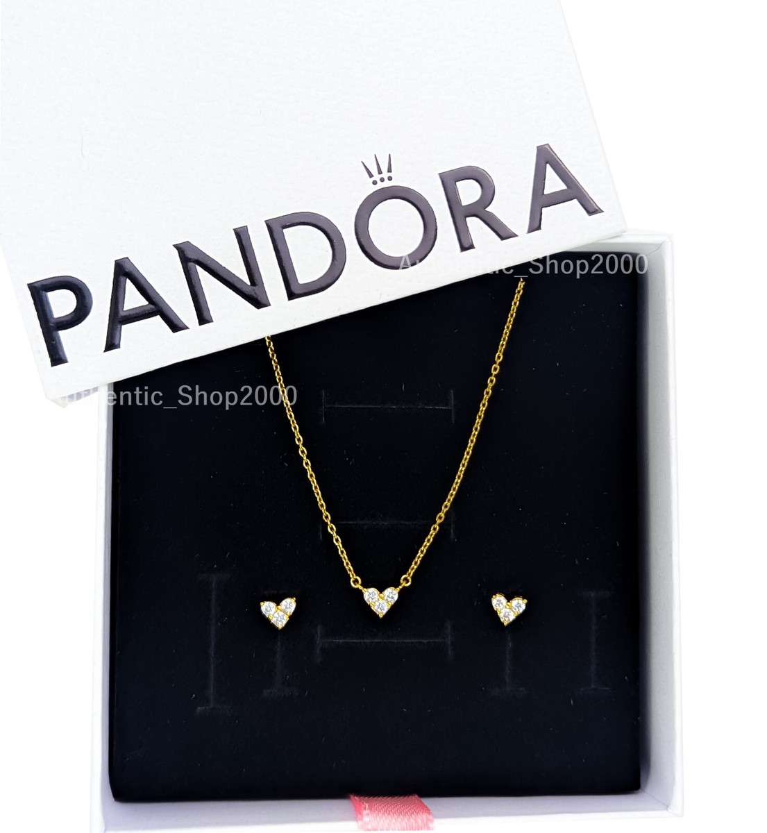 NEW 100% PANDORA Gold Triple Stone Heart Stud Earrings Necklace