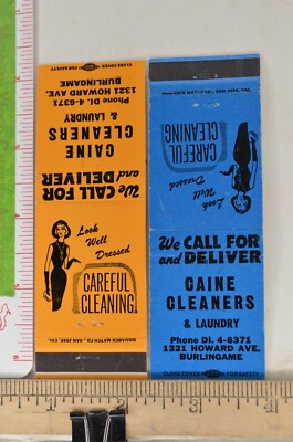2 Matchbook Cover Caine Dry Cleaners Laundry Burlingame California 1950s 60s mf5