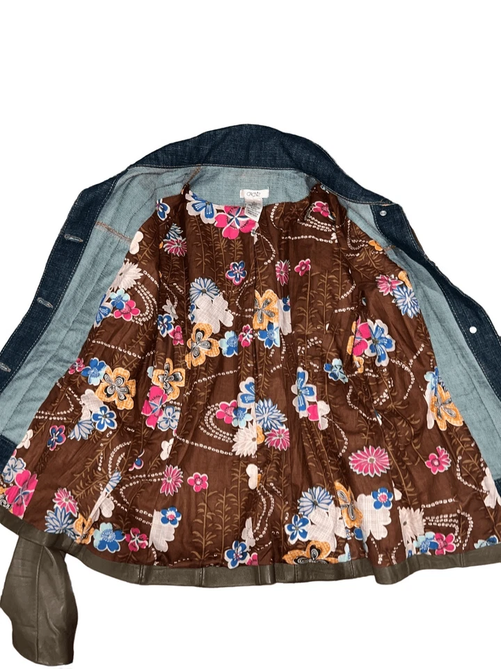 Cache Brown Leather & Dark Denim Blazer Jacket Retro Style Button Up Lined | Siz - Image 2 of 4