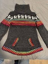 Unisex Kids Gray Multicolor Knit Pullover Sweater, Animal Motif, Turtleneck