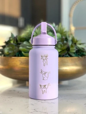Espeon Straw Water Bottle Engraved Coffee Tumbler with Unite Tuxedo Style & Top - Image 1 of 4