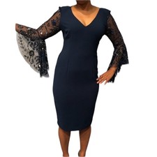 Adrianna Papell Blue Sequin Bat Wing Dress V-Neck Elegant Event Party Womens 6