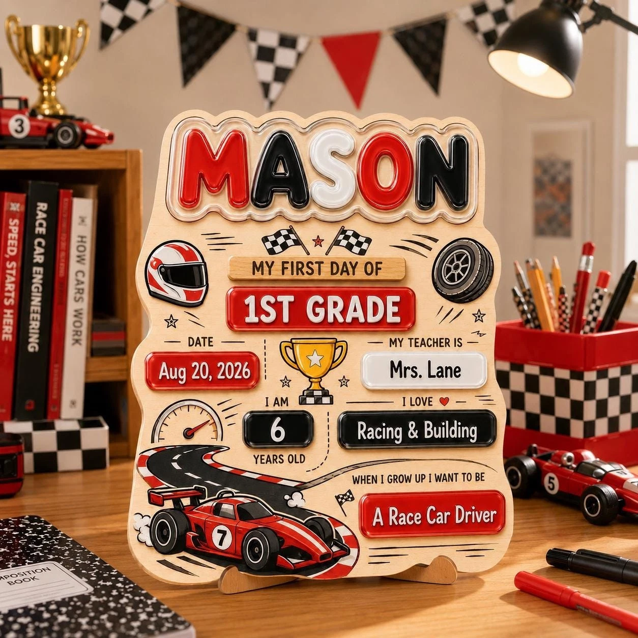 Personalized Race Car First Day Last Day Of School Sign, Back to School Kid