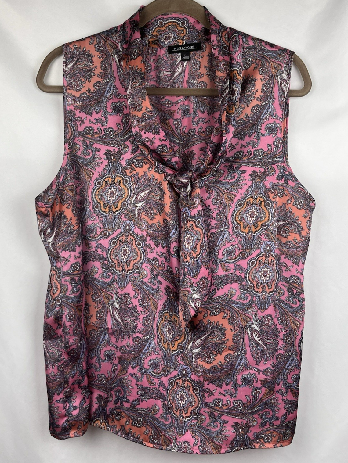 Notations XL Pink Paisley Career Tie Neck Blouse Retro Barbie Shiny Satin Look