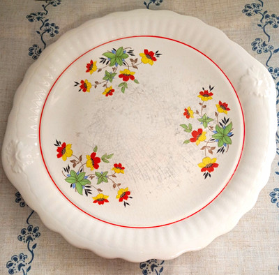Vintage White Ceramic Round Floral Platter, Scalloped Red Rim, W/Crazing
