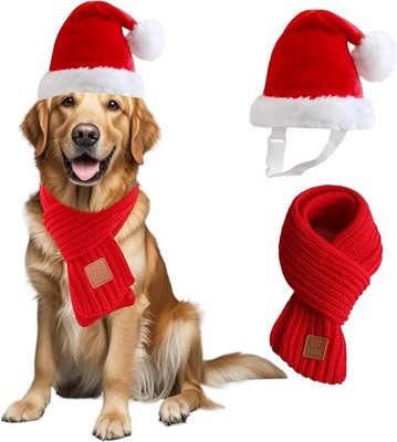 Santa Hat & Scarf Set for Medium Large Dogs, 2 PCS Adjustable Dog Christmas Cost