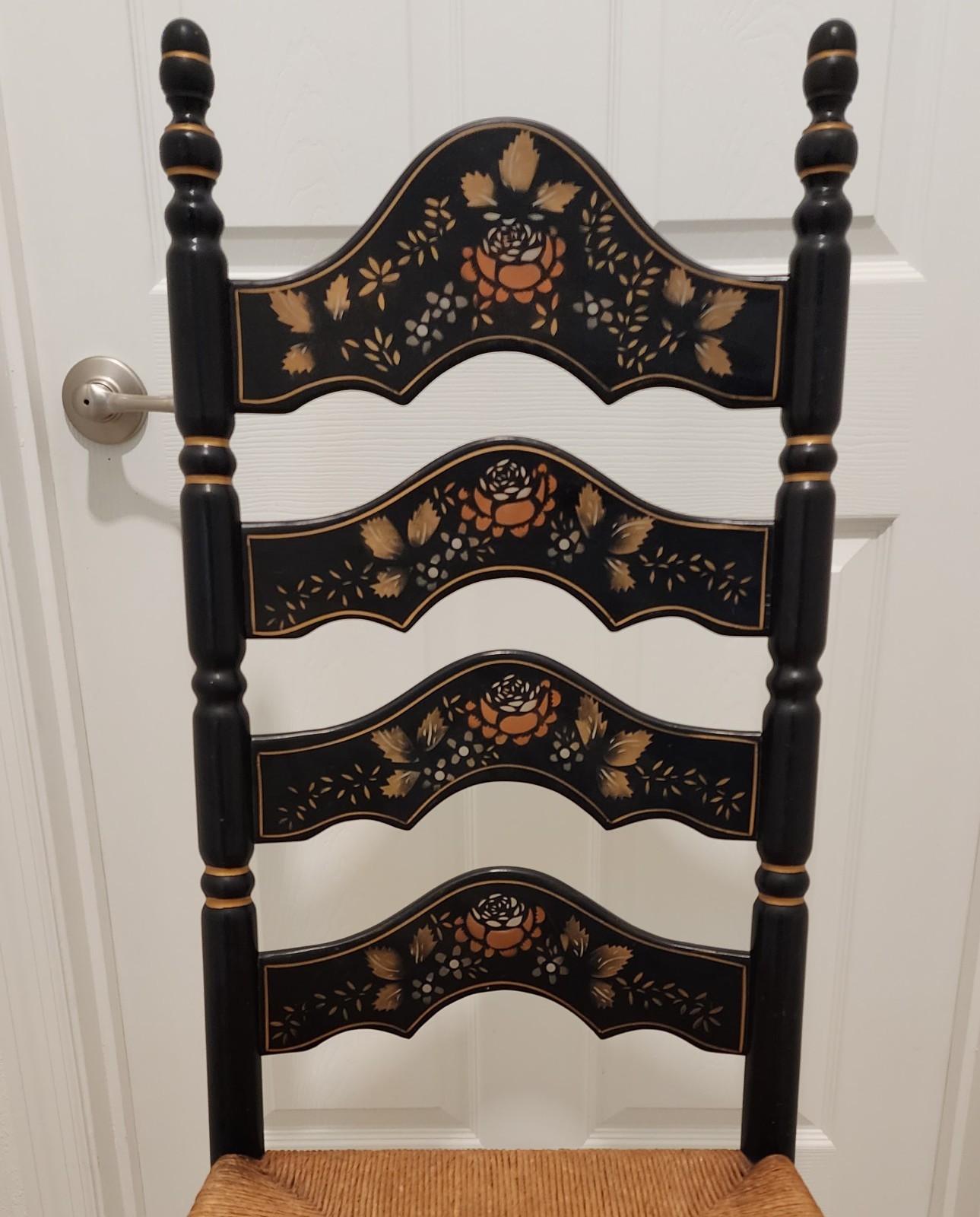 Vintage ETHAN ALLEN Hitchcock Style Black Ladderback Chair Rush Seat Turned Legs