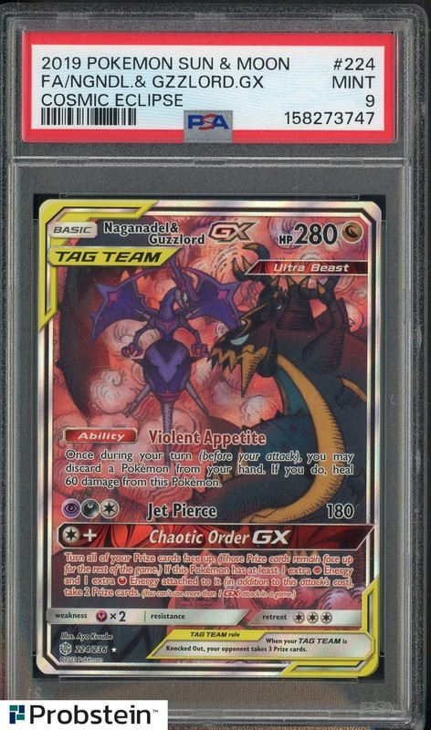 2019 Pokemon Sun & Moon Cosmic Eclipse #224 FA Naganadel & Guzzlord GX PSA 9