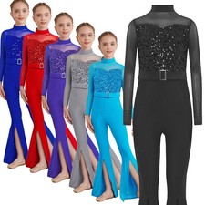Girls Sequin Unitard Split Bell Bottom Pants Jumpsuit Gymnastics Leotard Jazz 