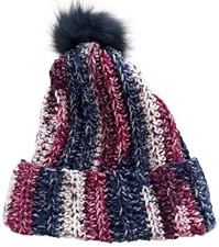 Crochet Ribbed Beanie With Faux Fur Pom Pom - Adult Size Winter Flowers