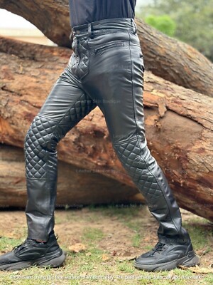 New Men Quilted Lambskin Leather Pants Black Men Biker Motorcycle Trouser  Jeans - Main Image