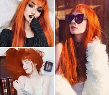 Long Straight Orange Synthetic Natural  Wigs Full Bangs for Fashion Women Party 