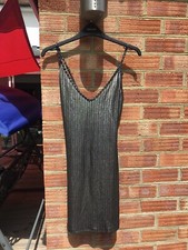 Pretty Little Thing Size 8 Silver Stripe Mini Dress Black