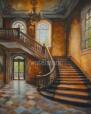 Victorian grand staircase in a luxurious mansion oiOil Painting 8x10 Print