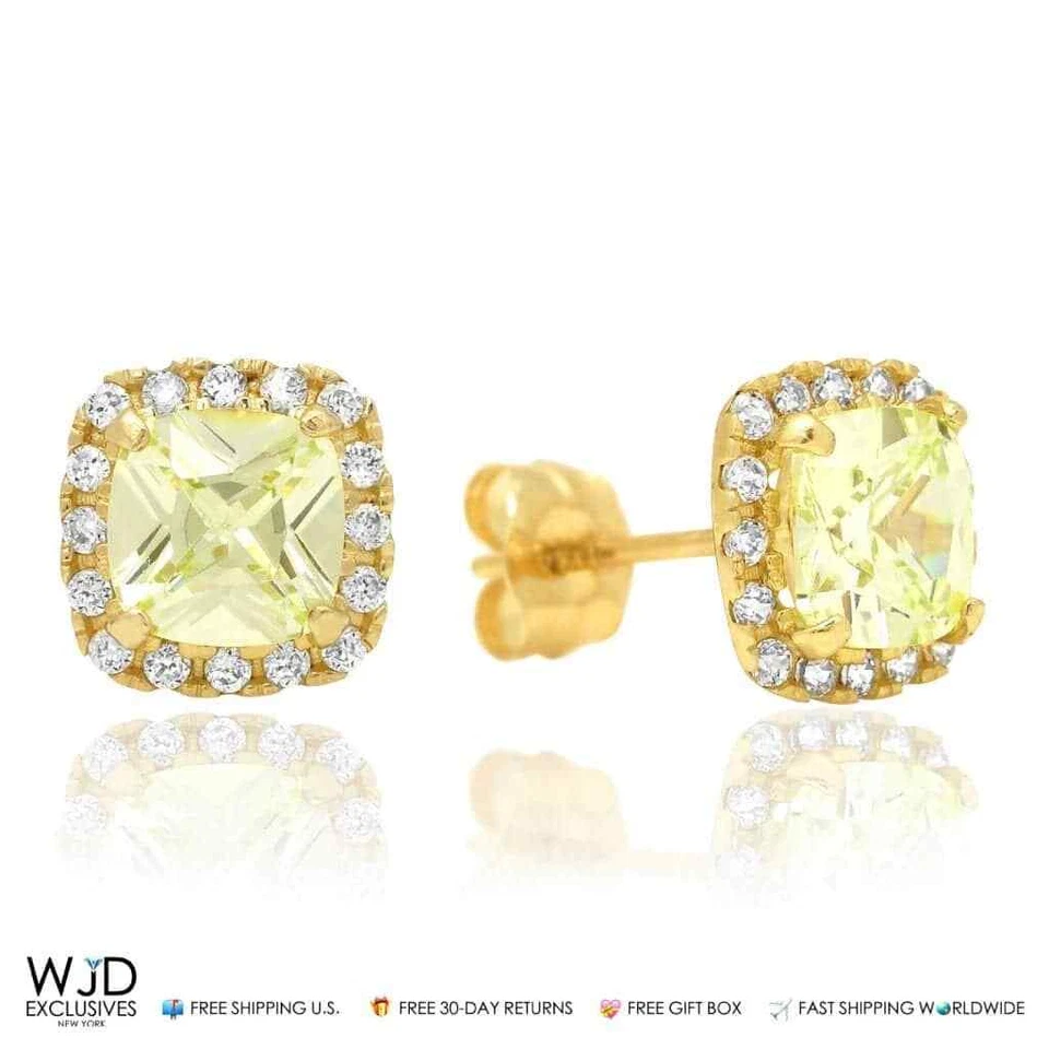 Aretes con halo cuadrado de peridoto verde de 1,85 quilates de oro amarillo de 14 quilates Foto 2 de 4