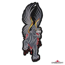 Flying Panther through Flame Black and Grey Large Embroidered Patch Iron On