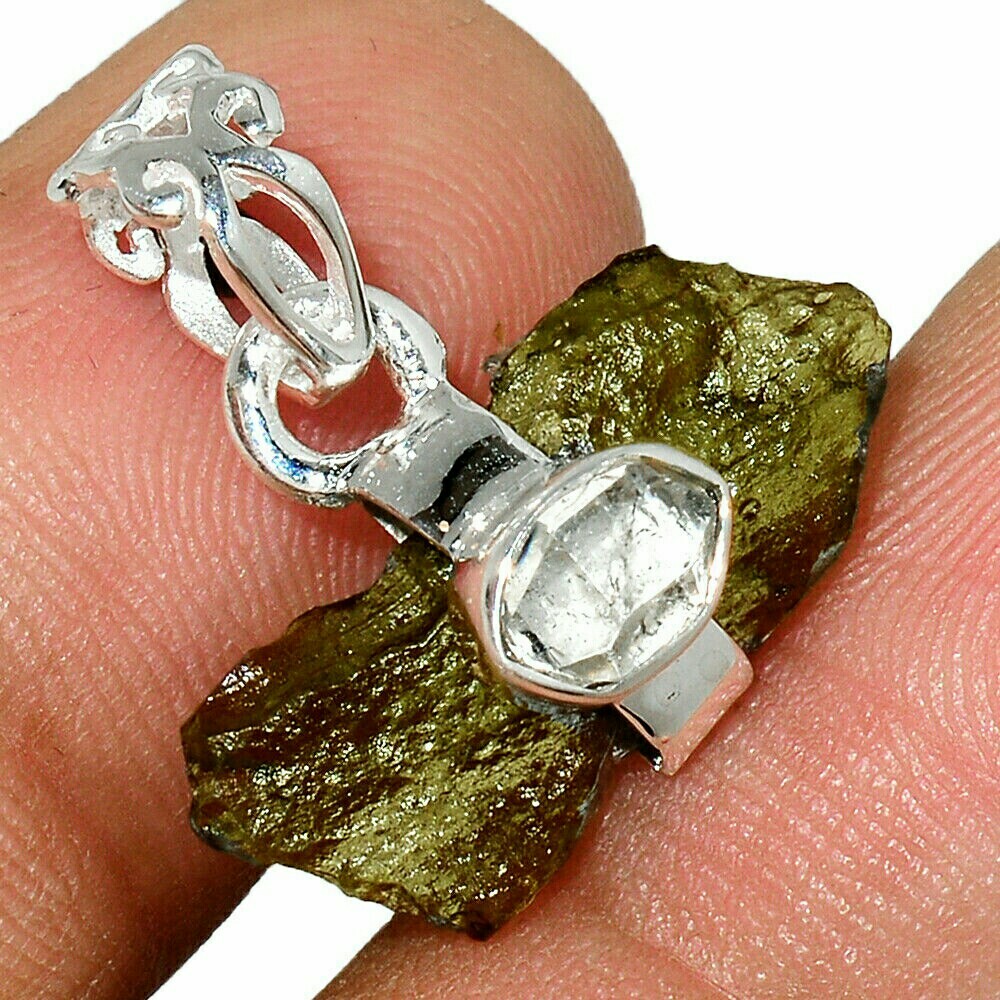 Genuine Czech Moldavite Herkimer Diamond Pendant Sterling Silver 925 Green  NEW