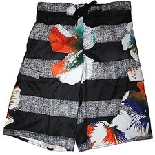 Black Gray Men's Swimming Trunks with Hibiscus Flowers - Small - NWT