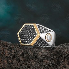 925 Sterling Silver Hexagon Design Black Cubic Zirconia Stone Men's Ring