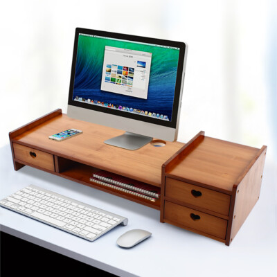 2-layer Bamboo Wood Monitor Stand Computer Riser With 2-Tier Desktop Storage