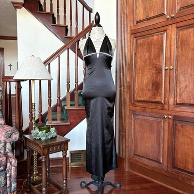 Vintage Old Hollywood Dimonte Black Satin Fishtail Gown Backless Halter