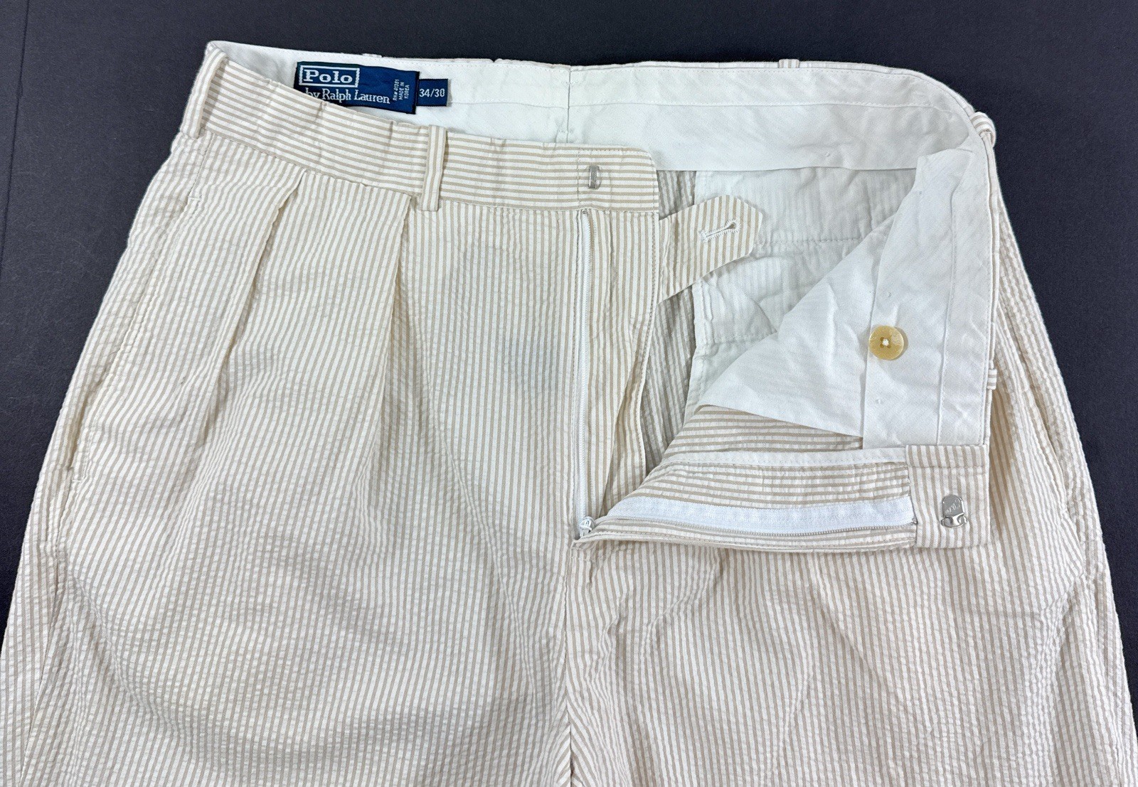 Vintage Polo Ralph Lauren Seersucker Pants Sz 32x29 Striped Pleated Cuffed Chino