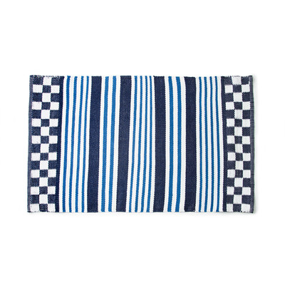 NEW MACKENZIE CHILDS Boathouse Blue Striped CHECK Indoor Outdoor Rug Mat 5  X 8 