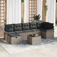8-Teiliges Garten-Sofa-Set Mit Kissen Grau Poly Rattan, 2-Sitziges Garten-Sofa M