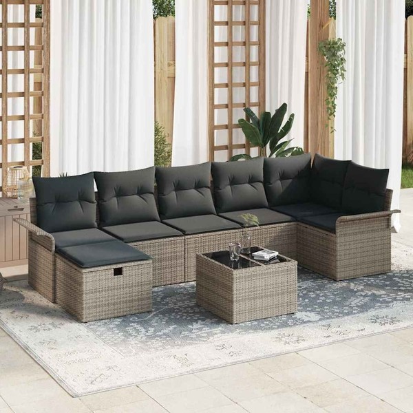 8-Teiliges Garten-Sofa-Set Mit Kissen Grau Poly Rattan, 2-Sitziges Garten-Sofa M-image