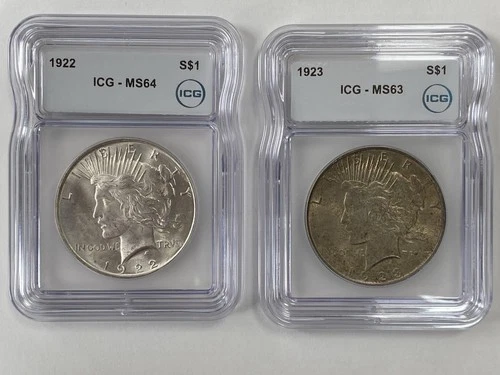 Lot Of 2  ICG 1922 ms64 and 1923 ms 63 Silver Peace $